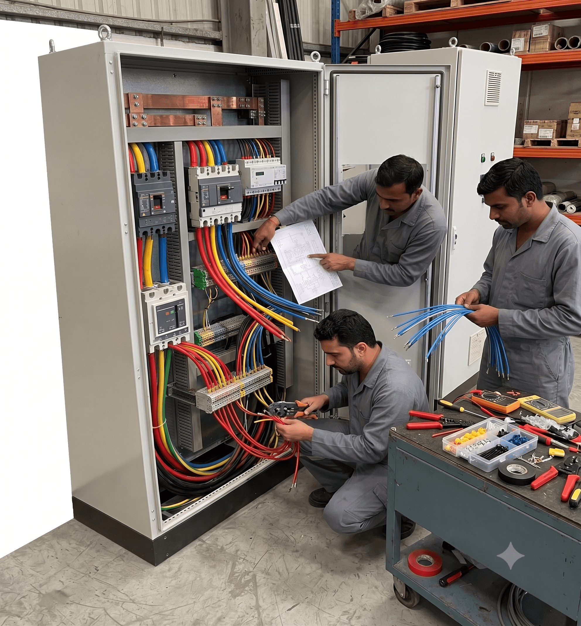 Technicians reviewing a wiring diagram, GCC Switchgear Doha